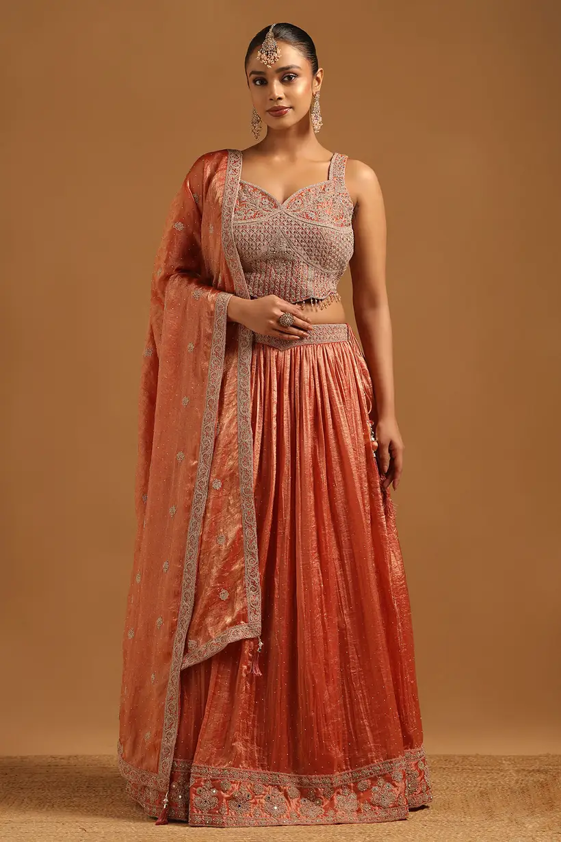Rust Fendi Floral Lehenga With Mirror & Pearl